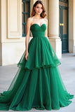 Green Organza A Line Sweetheart Pleated Prom Dress