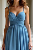 Blue Organza Spaghetti Straps A Line Ruched Prom Dress