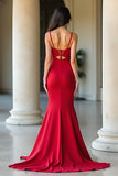 Red Matte Satin Sheath Spaghetti Straps Prom Dress