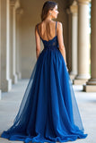 A Line Dark Blue Spaghetti Straps Sweetheart Long Prom Dress