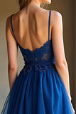 A Line Dark Blue Spaghetti Straps Sweetheart Long Prom Dress