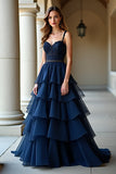 Navy A Line Spaghetti Straps Long Prom Dress with Ruffles