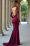 V-Neck Sparkly Burgundy Mermaid Long Formal Dress with Long Sleeves