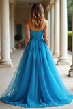 A Line Blue Strapless Pleated Long Prom Dress with Slit