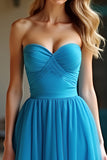 A Line Blue Strapless Pleated Long Prom Dress with Slit