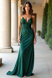 Sheath Dark Green Spaghetti Straps Matte Satin Prom Dress