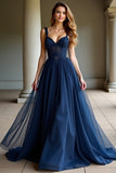 Navy Spaghetti Straps A Line Lace Long Prom Dress