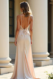 Sheath Champagne Stretch Satin Spaghetti Straps Long Prom Dress