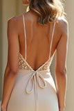 Sheath Champagne Stretch Satin Spaghetti Straps Long Prom Dress