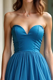 Blue Strapless Pleated A Line Tiered Long Prom Dress