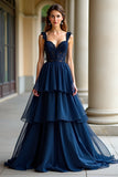 Navy A Line Spaghetti Straps Tiered Lace Long Prom Dress