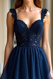 Navy A Line Spaghetti Straps Tiered Lace Long Prom Dress