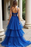 A Line Royal Blue Spaghetti Straps Lace Long Prom Dress