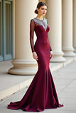 Sparkly Round Neck Mermaid Burgundy Formal Dress with Long Sleeves