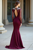 Sparkly Round Neck Mermaid Burgundy Formal Dress with Long Sleeves