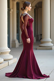 Sparkly Round Neck Mermaid Burgundy Formal Dress with Long Sleeves