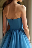 A Line Strapless Blue Tiered Organza Long Prom Dress