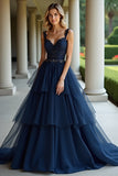 Navy A Line Spaghetti Straps Tiered Lace Long Prom Dress