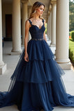 Navy A Line Spaghetti Straps Tiered Lace Long Prom Dress