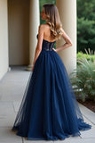 A Line Navy Strapless Lace Long Prom Dress