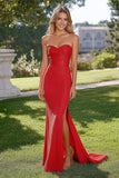 Red Mermaid Strapless Sequin Long Prom Dress with Slit