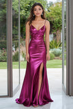 Dark Purple Spaghetti Straps Metallic Satin Long Prom Dress with Slit