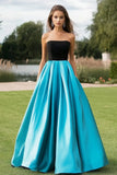 Black Blue Satin A Line Strapless Pleated Long Prom Dress