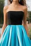 Black Blue Satin A Line Strapless Pleated Long Prom Dress