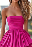 Fuchsia A-Line Strapless Ruched Ruffles Satin High-Low Prom Dress