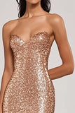 Sparkly Champagne Mermaid Strapless Sequins Long Prom Dress with Slit