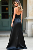 Sparkly Black Mermaid Strapless Satin Long Prom Dress with Sequined Appliques