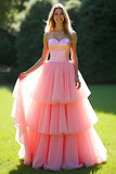 Pink A-Line Strapless Ruffles Tulle Long Prom Dress