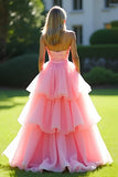 Pink A-Line Strapless Ruffles Tulle Long Prom Dress