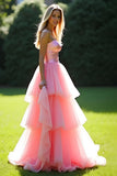 Pink A-Line Strapless Ruffles Tulle Long Prom Dress