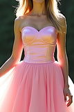 Pink A-Line Strapless Ruffles Tulle Long Prom Dress