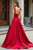 Red A-Line Bow Tie Spaghetti Straps Satin Long Prom Dress