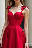 Red A-Line Bow Tie Spaghetti Straps Satin Long Prom Dress