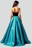 Black Peacock Blue A-Line Strapless Satin Long Prom Dress with Hollow Out