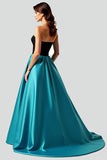 Black Peacock Blue A-Line Strapless Satin Long Prom Dress with Hollow Out