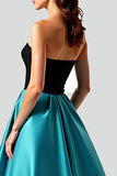 Black Peacock Blue A-Line Strapless Satin Long Prom Dress with Hollow Out