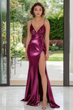 Metallic Dark Purple Mermaid Spaghetti Straps Ruched Long Prom Dress with Slit