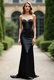 Sparkly Black Mermaid Strapless Satin Long Prom Dress with Rhinestones