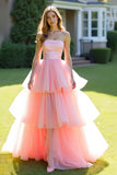 Pink Ball Gown Strapless Ruffles Tulle Long Prom Dress