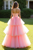 Pink Ball Gown Strapless Ruffles Tulle Long Prom Dress