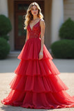 Sparkly Red Ball Gown Deep V Ruffles Tulle Long Prom Dress with Beaded