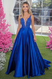 Sparkly Royal Blue A-Line Plunging V Neck Satin Long Prom Dress with Appliques