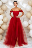 Red A-Line Off the Shoulder Tulle Ball Gown with Slit