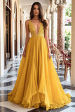 Yellow A-Line Deep V Neck Tulle Long Prom Dress with Appliques