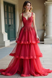 Red A-Line Spaghetti Straps Ruffles Tulle Prom Dress with Lace