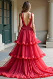 Red A-Line Spaghetti Straps Ruffles Tulle Prom Dress with Lace